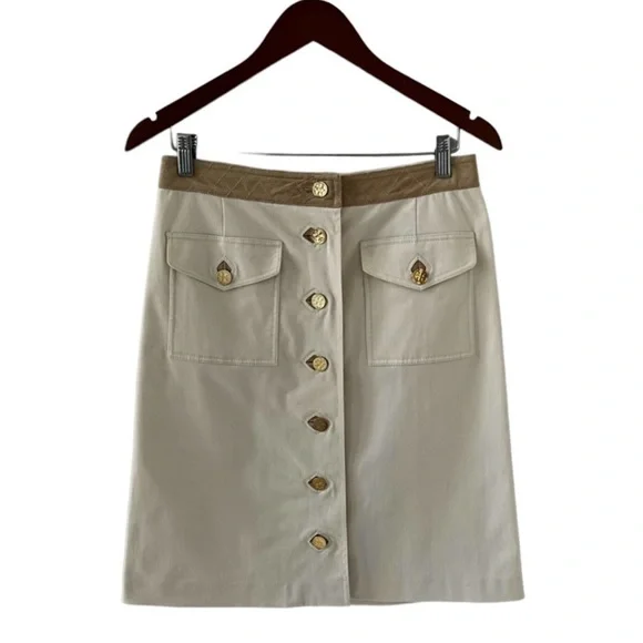 Tory Burch Light Tan A-Line Skirt with Goldtone Logo Buttons Size 6 - Picture 8 of 8